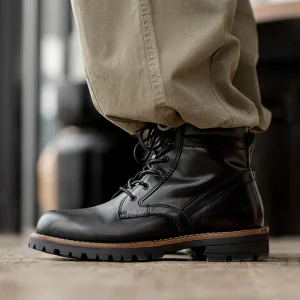 Black Leather Ankle Combat Winged Cavalry Boots